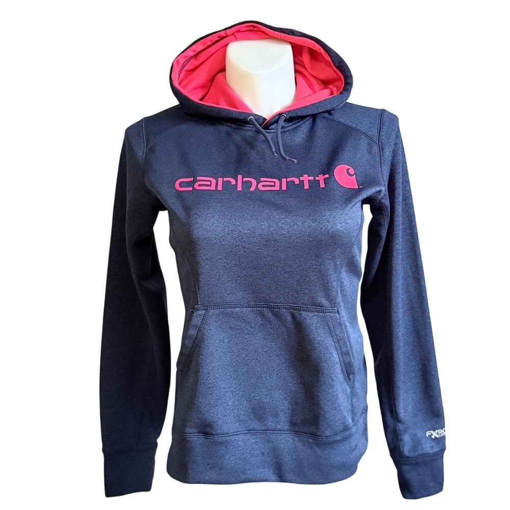 Carhartt‎ Force Extremes Navy Blue Pink Logo Hoodie Sweatshirt Womens Small 4-6